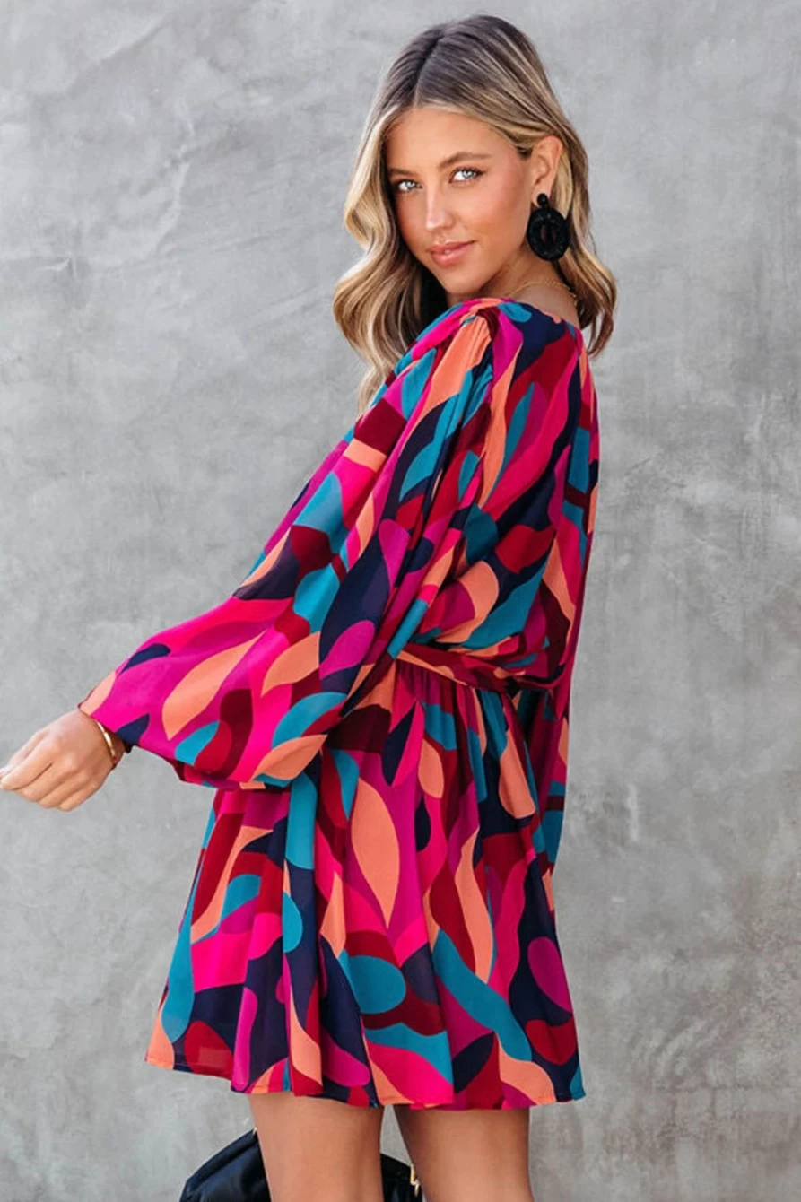 Shewin Women's Red Abstract Print Belted Puff Sleeve Short Dress