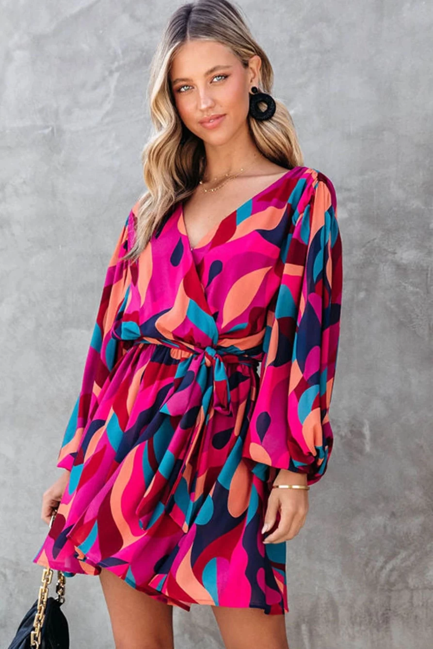 Shewin Women's Red Abstract Print Belted Puff Sleeve Short Dress