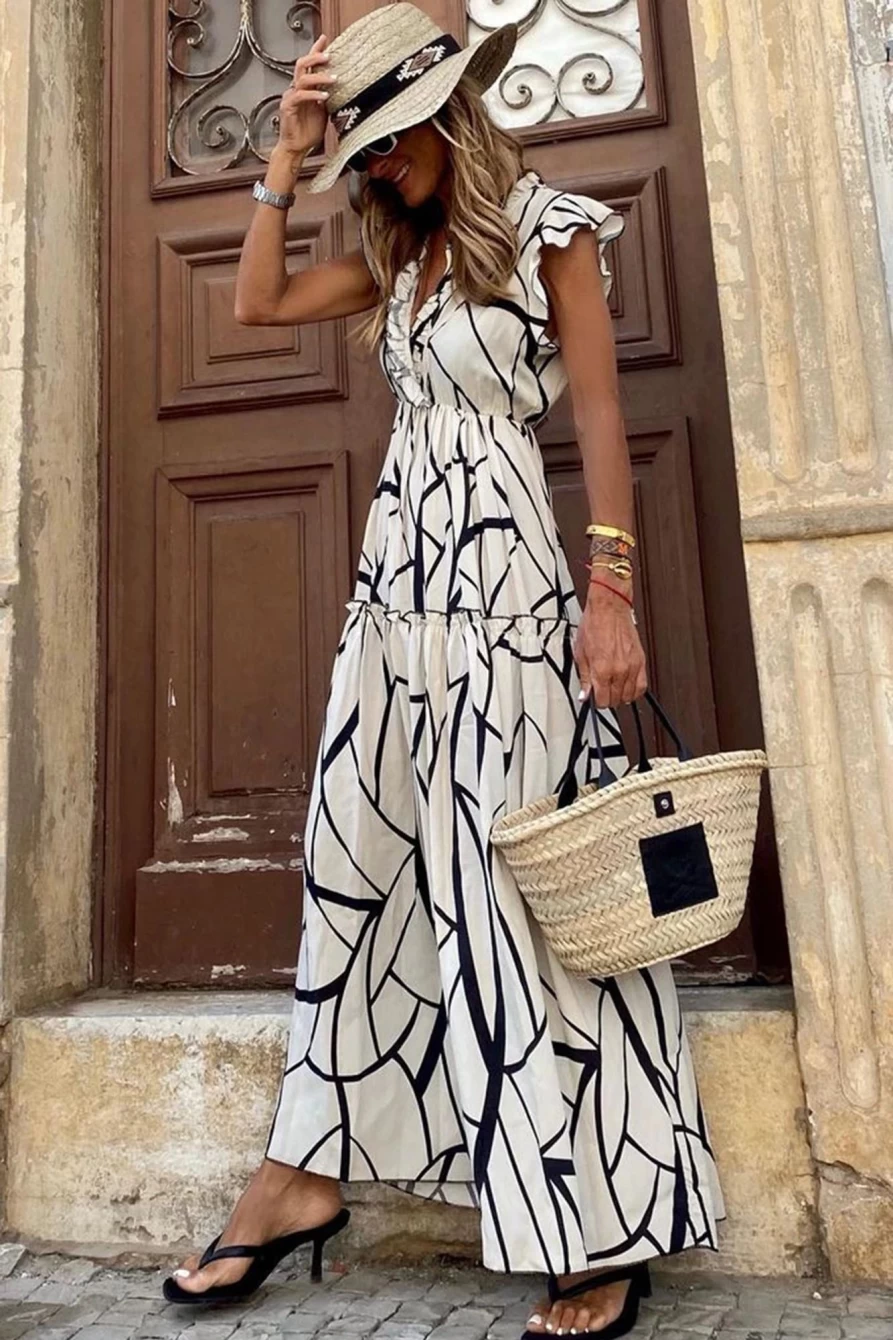 Shewin Women's White Abstract Print V-Neck Ruffle Maxi Dress