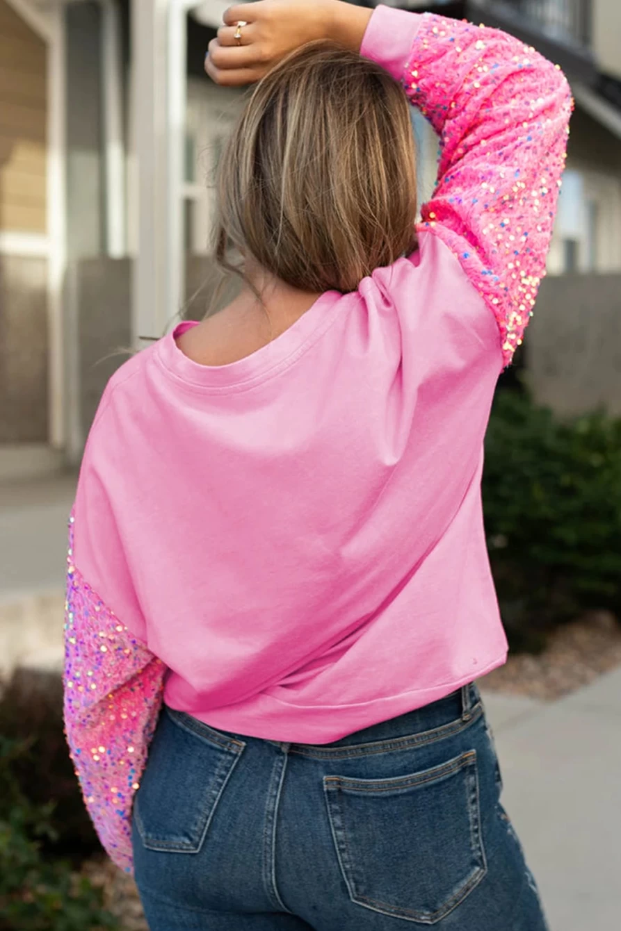 Shewin Women's Pink Plus Size Sequin Sleeve Drop Shoulder Sweatshirt - Glamorous Casual Top