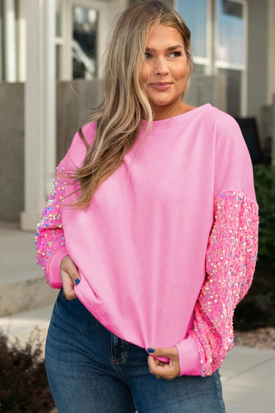 Shewin Women's Pink Plus Size Sequin Sleeve Drop Shoulder Sweatshirt - Glamorous Casual Top