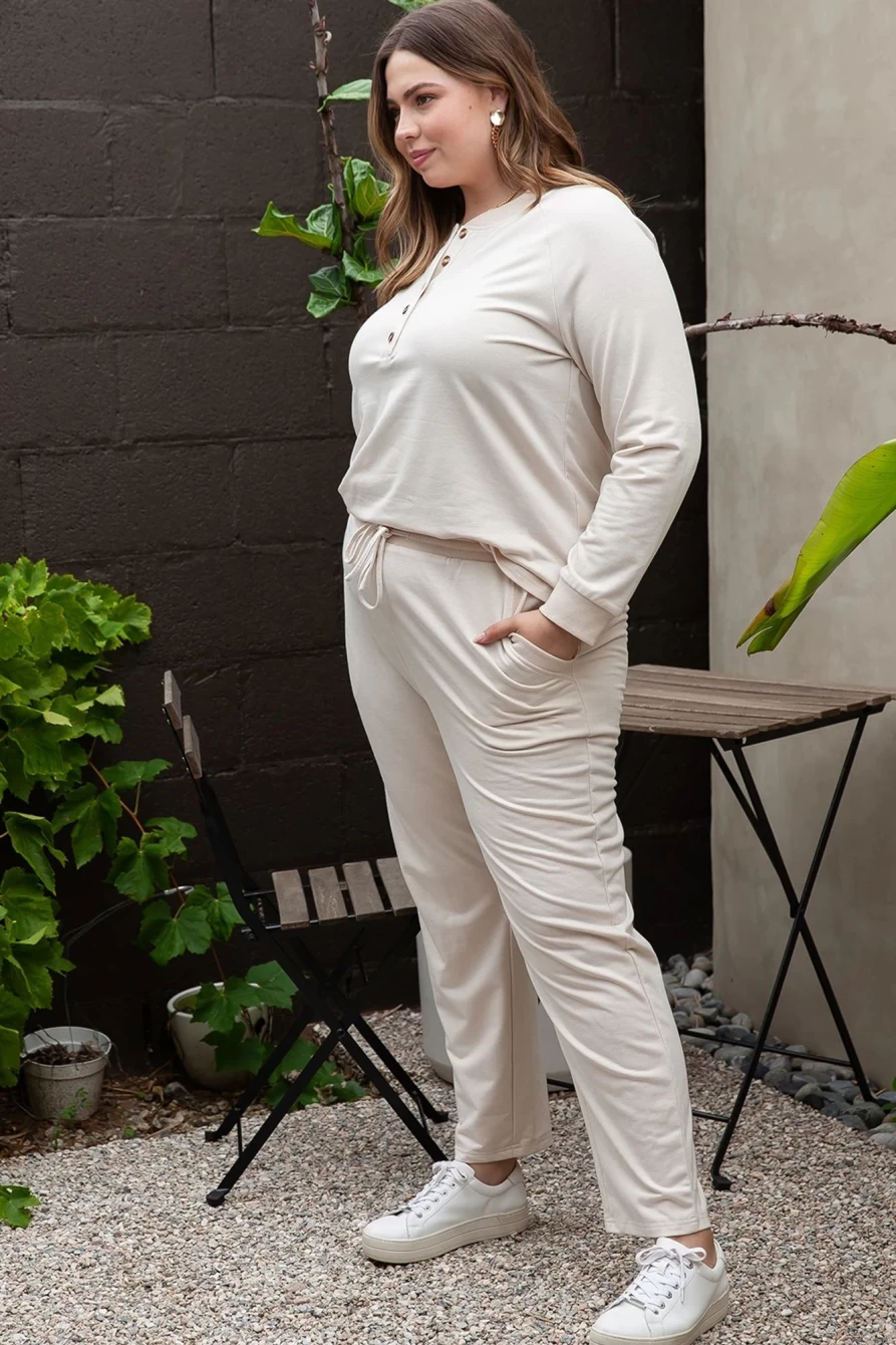 Shewin Women's Plus Size Apricot Henley Top & Drawstring Pants Long Sleeve Outfit