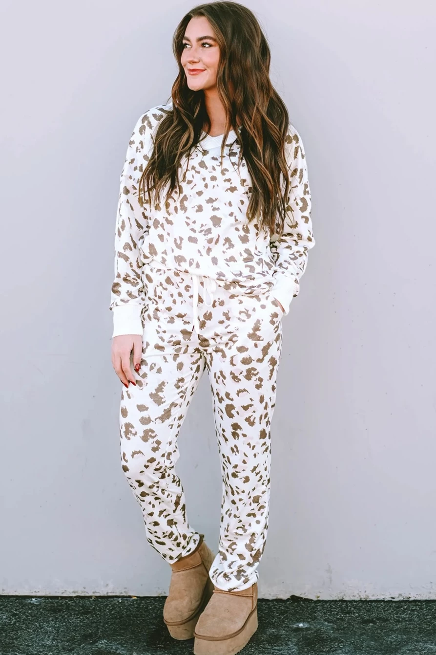 Shewin Women's Printed Brown Leopard Lounge Set - Long Sleeve Top & Drawstring Joggers Outfit