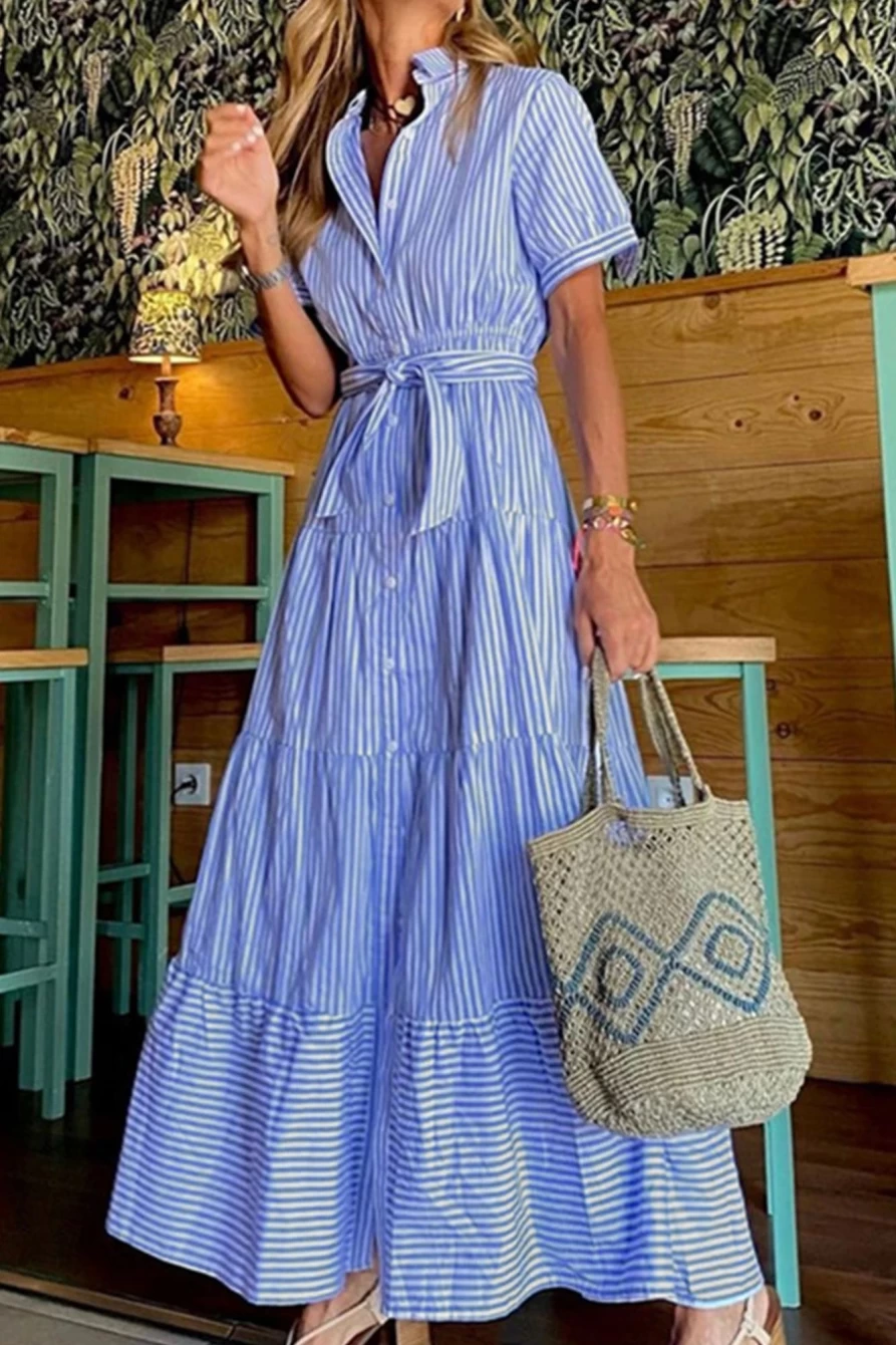 Shewin Women's Blue Stripe Button Front Belted Shirt Collar Maxi Dress