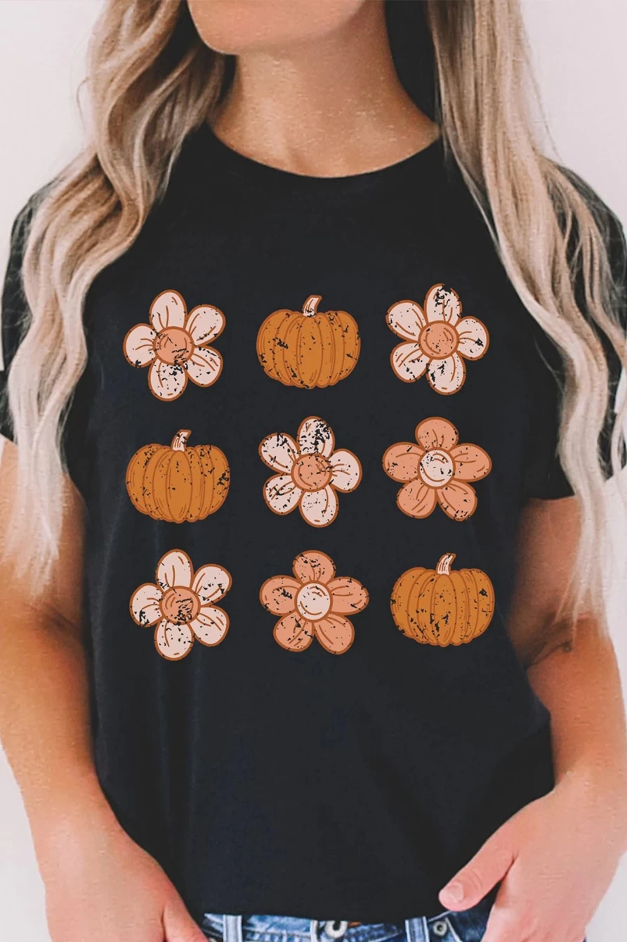 Shewin Women's Black Pumpkin Flower Print Short Sleeve Graphic T-Shirt