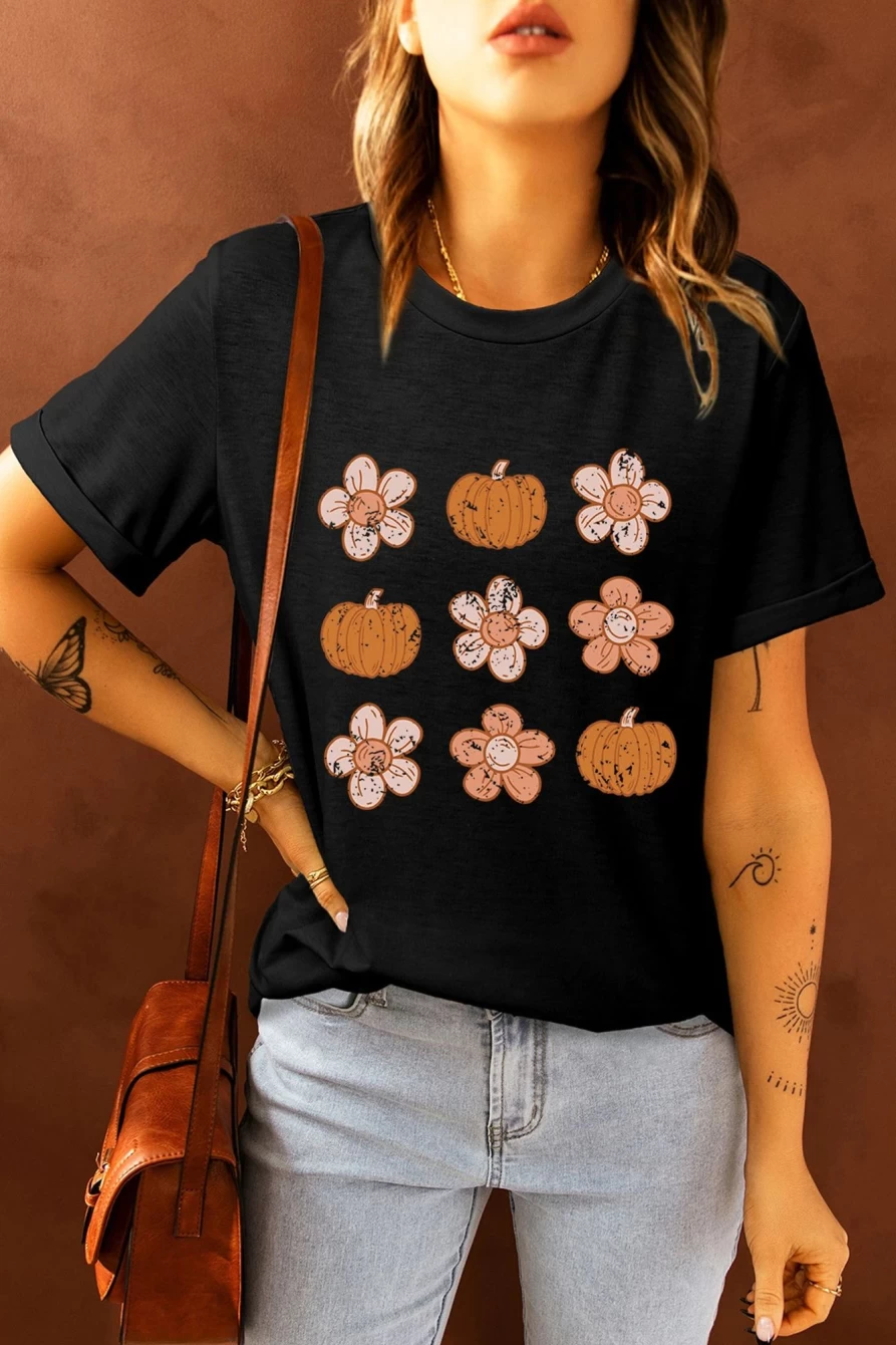 Shewin Women's Black Pumpkin Flower Print Short Sleeve Graphic T-Shirt