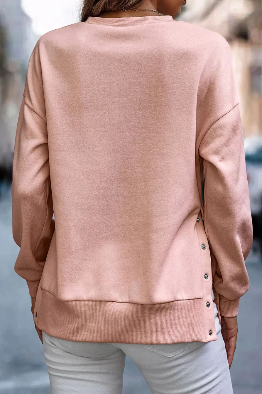 Shewin Women's Light Pink Snap Button Sweatshirt with Side Slits - Solid Color Casual Pullover