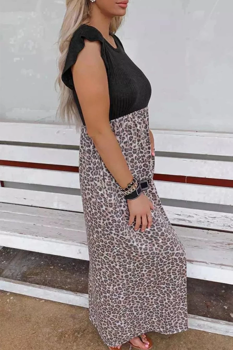 Shewin Women's Black Leopard Print Casual Dress with Cap Sleeves and Pockets