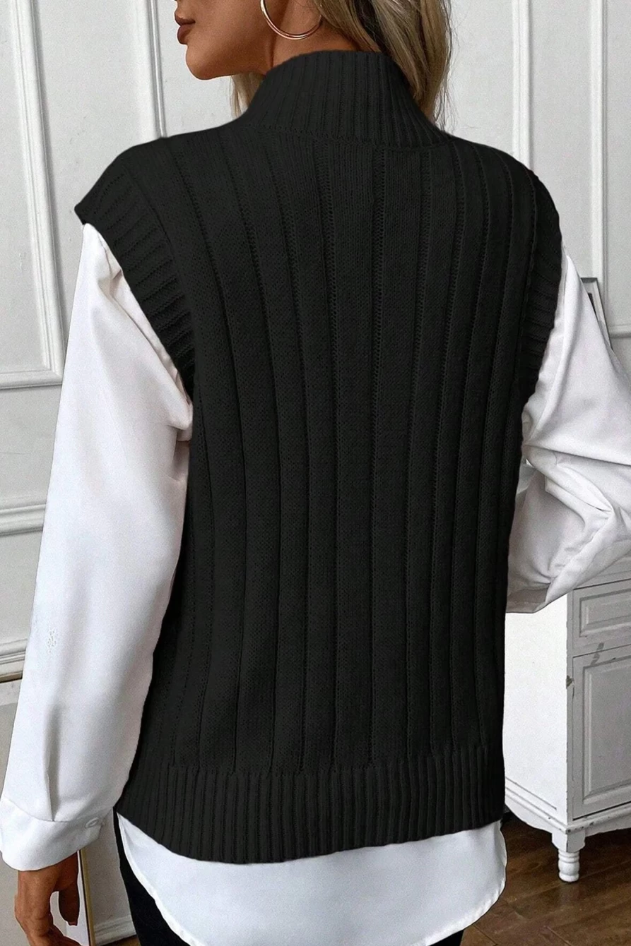 Shewin Women's Black Ribbed High Neck Cable Knit Sweater Vest