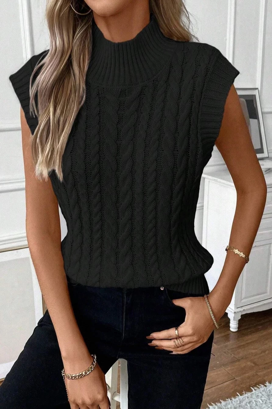 Shewin Women's Black Ribbed High Neck Cable Knit Sweater Vest