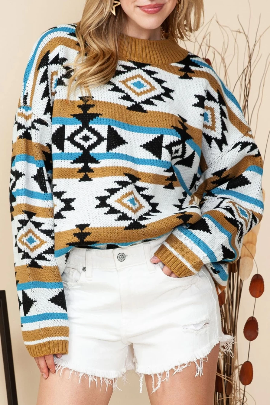Shewin Women's Brown Geometric Striped Knit Sweater with Ribbed Trim