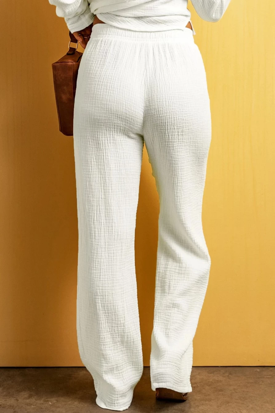 Shewin Women's White Textured High Waist Loose Fit Drawstring Pants