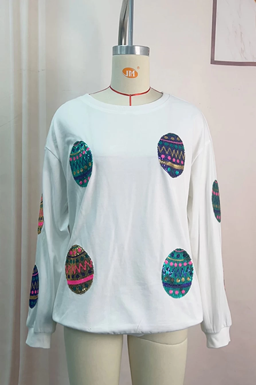Shewin Women's White Easter Sequin Egg Print Oversized Drop Shoulder Sweatshirt