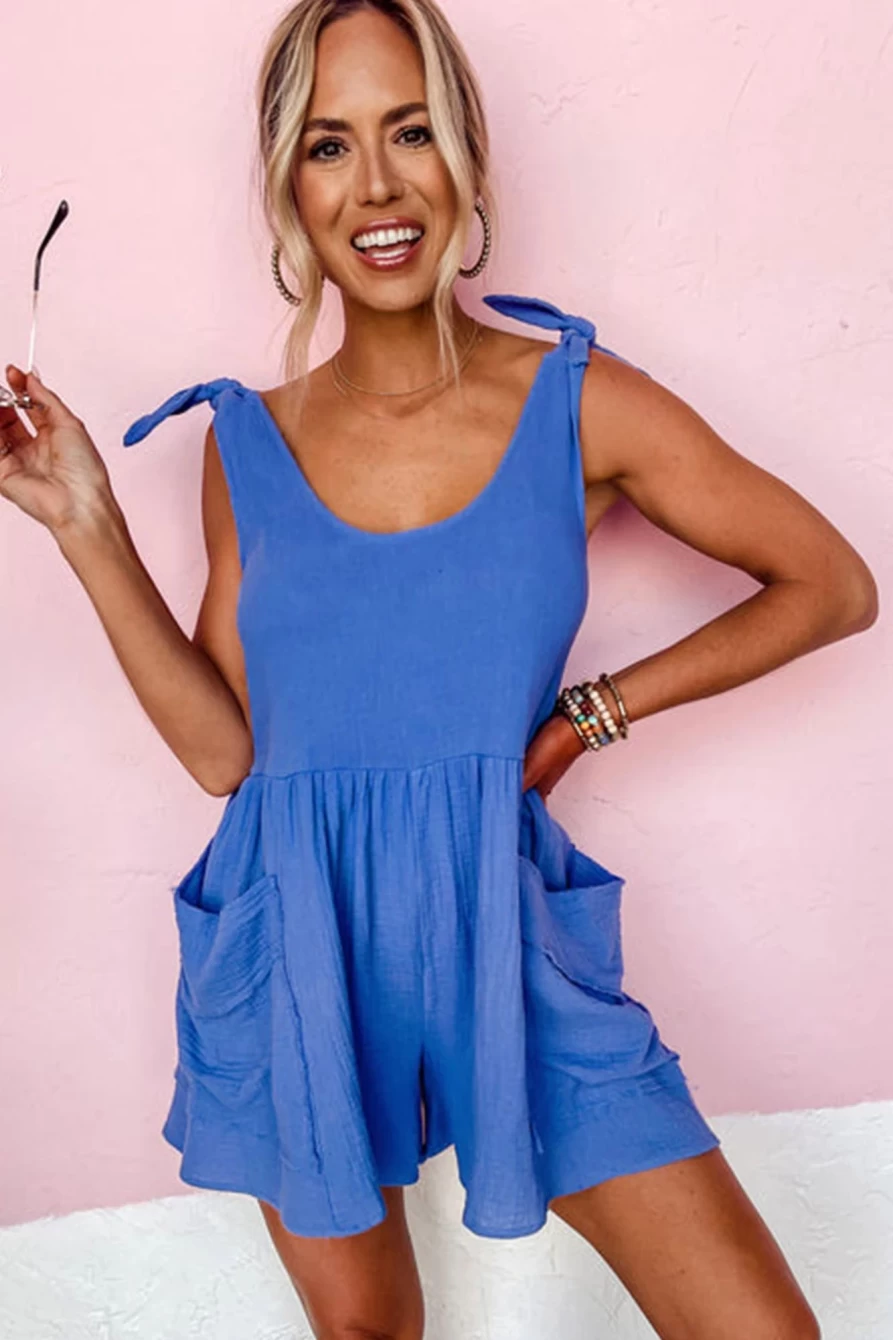 Shewin Women's Blue High Waist Textured Knotted Straps Wide Leg Romper Jumpsuit
