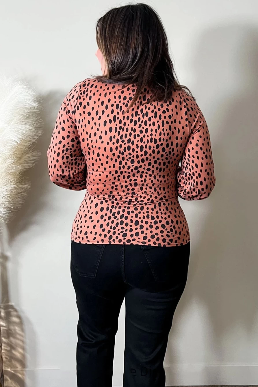 Shewin Women's Plus Size Leopard Print V-Neck Lace-Up Top with Puff Sleeves