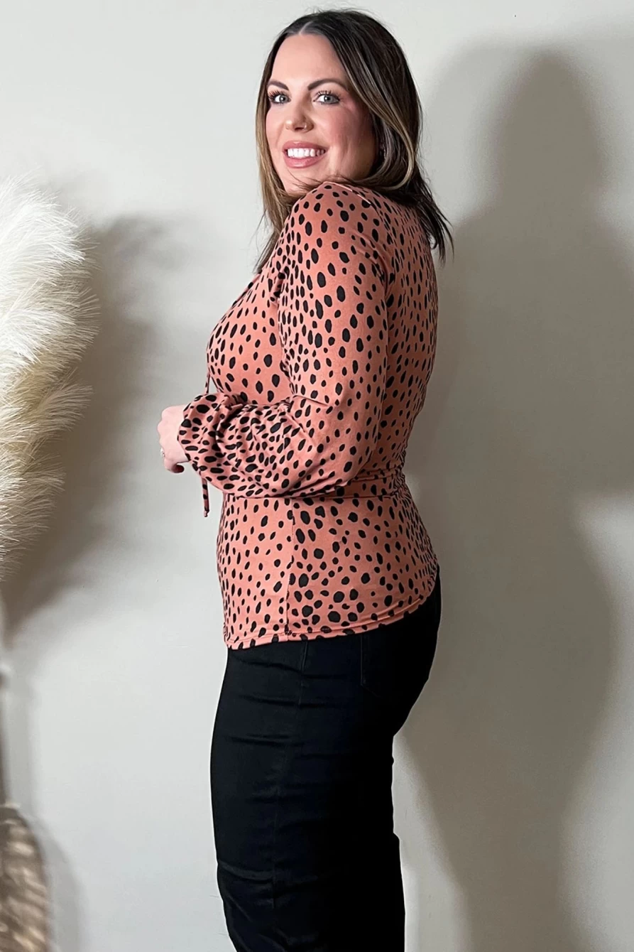 Shewin Women's Plus Size Leopard Print V-Neck Lace-Up Top with Puff Sleeves