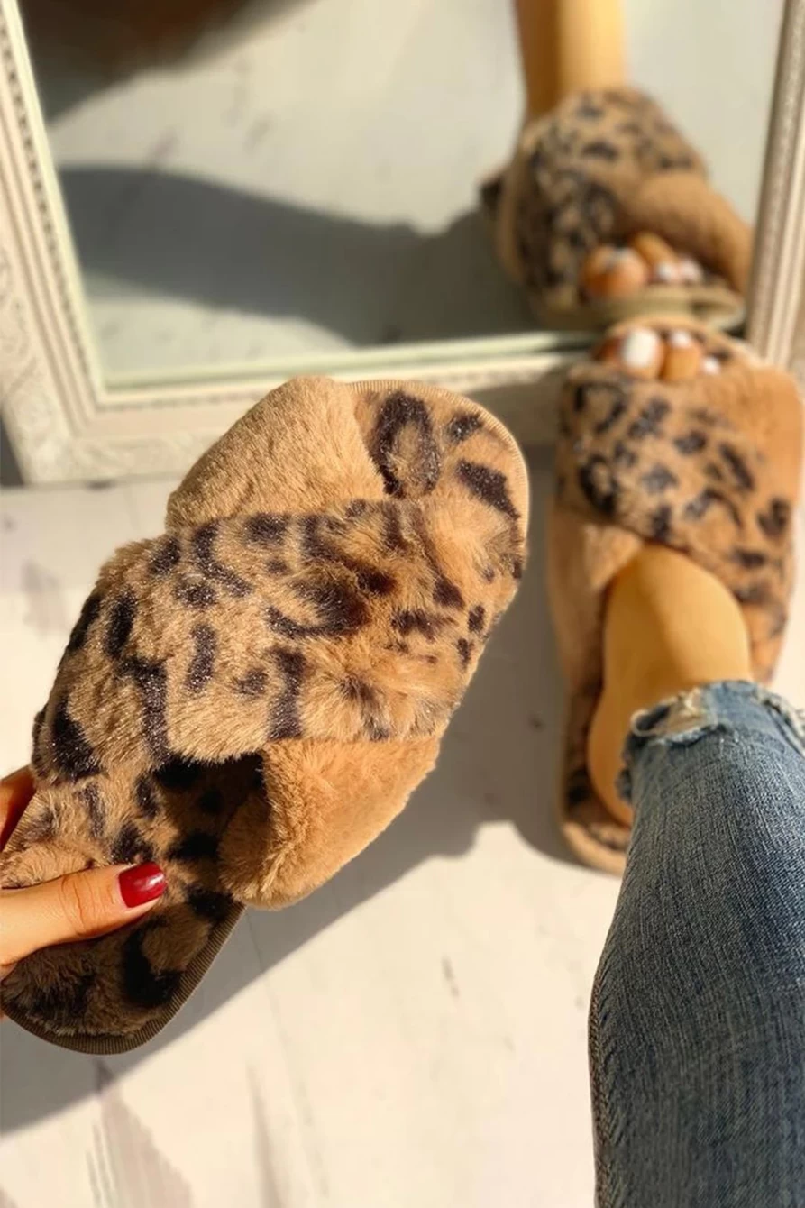 "Shewin Women's Brown Leopard Print Furry Slippers with Crossed Straps"