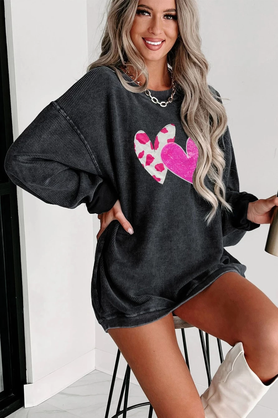Women's Black Valentine's Day Double Heart Sequin Graphic Pullover Sweatshirt - Shewin