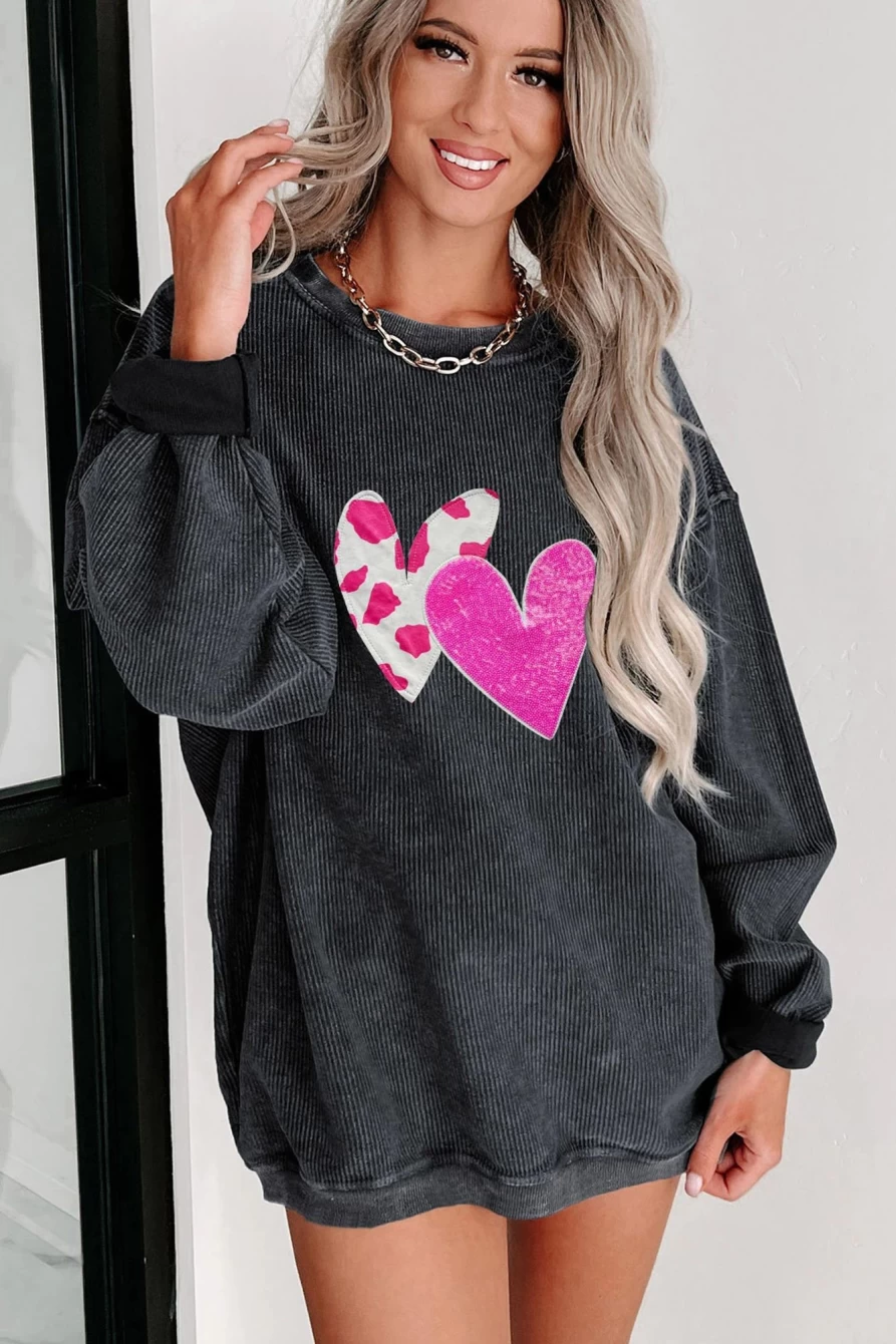 Women's Black Valentine's Day Double Heart Sequin Graphic Pullover Sweatshirt - Shewin
