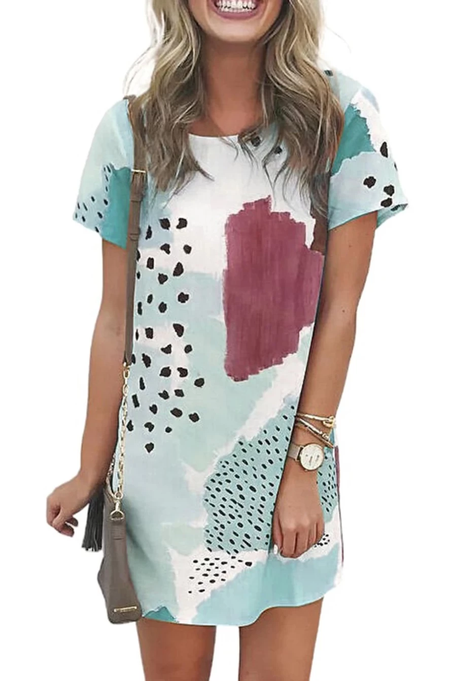 Shewin Women's White Casual Tie-Dye Color Block Shirt Dress with Spotted Print