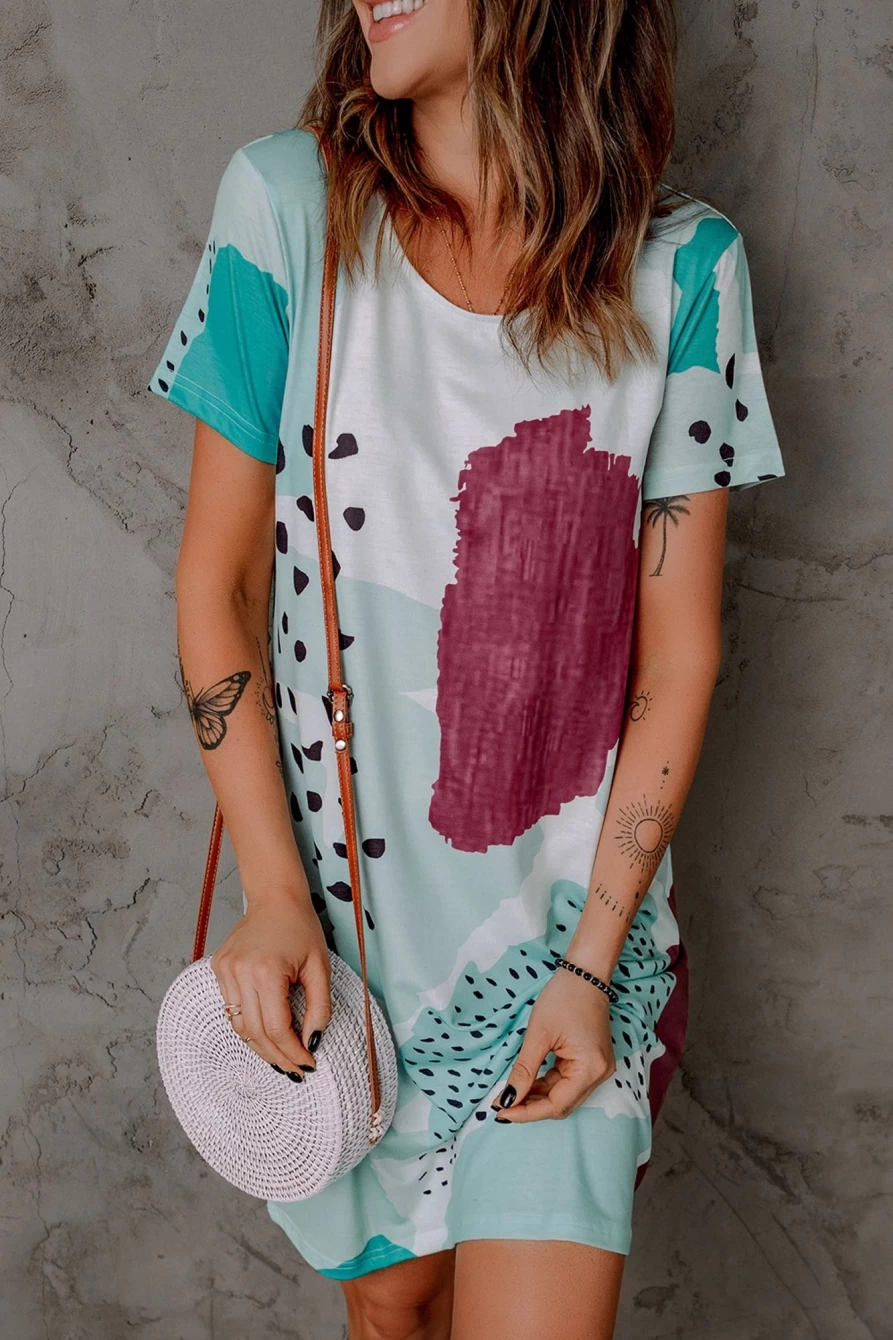 Shewin Women's White Casual Tie-Dye Color Block Shirt Dress with Spotted Print