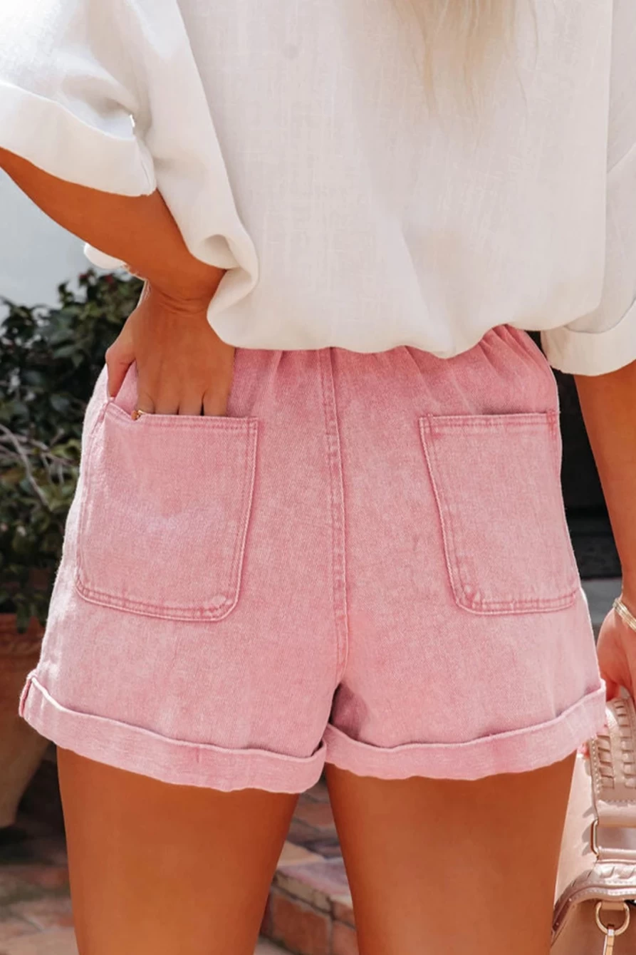 Shewin Women's Dusty Pink Vintage Washed High Waist Frilled Denim Shorts