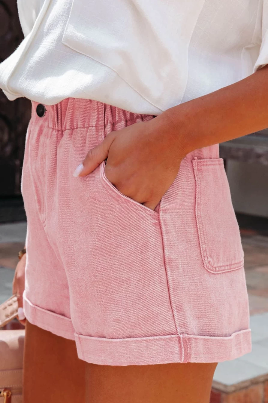 Shewin Women's Dusty Pink Vintage Washed High Waist Frilled Denim Shorts