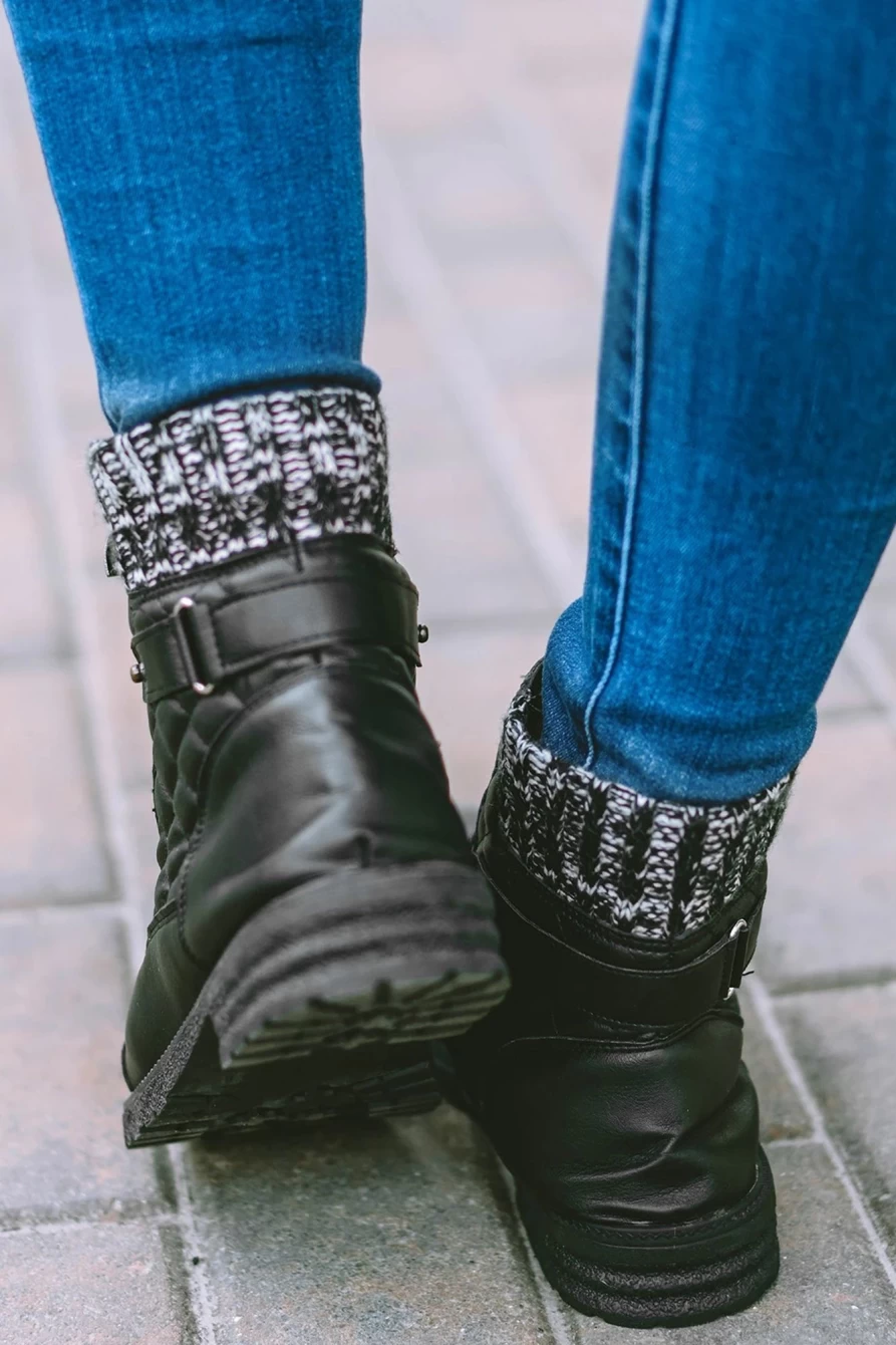 Shewin Women's Black Quilted Leather Lace-Up Ankle Boots with Zipper