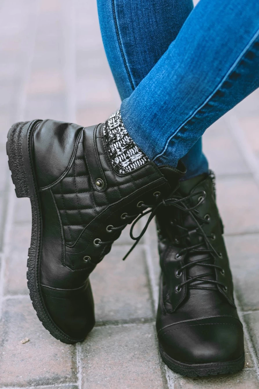 Shewin Women's Black Quilted Leather Lace-Up Ankle Boots with Zipper