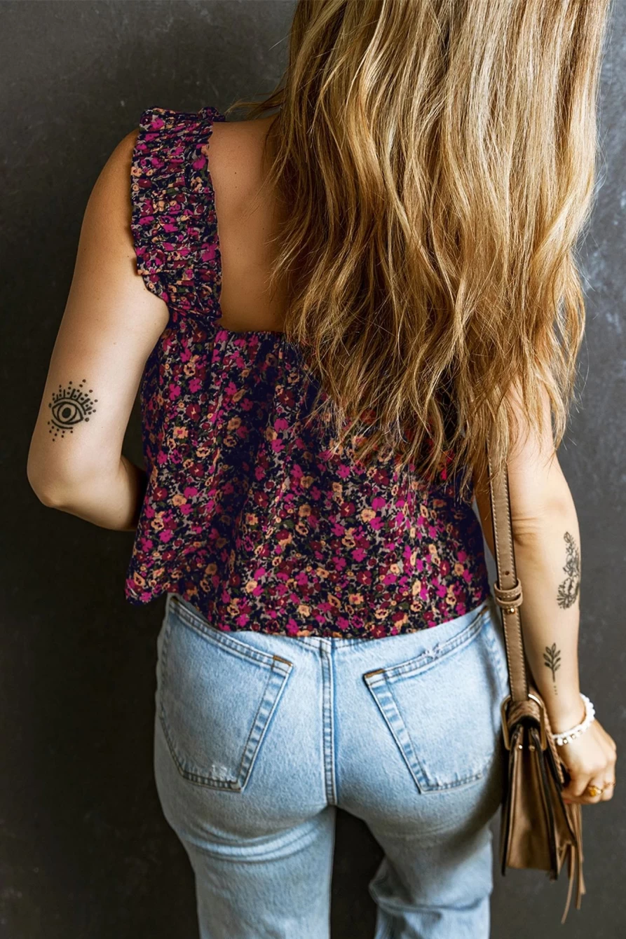 Shewin Women's Boho Floral Print Frill Straps Sleeveless Top in Rose