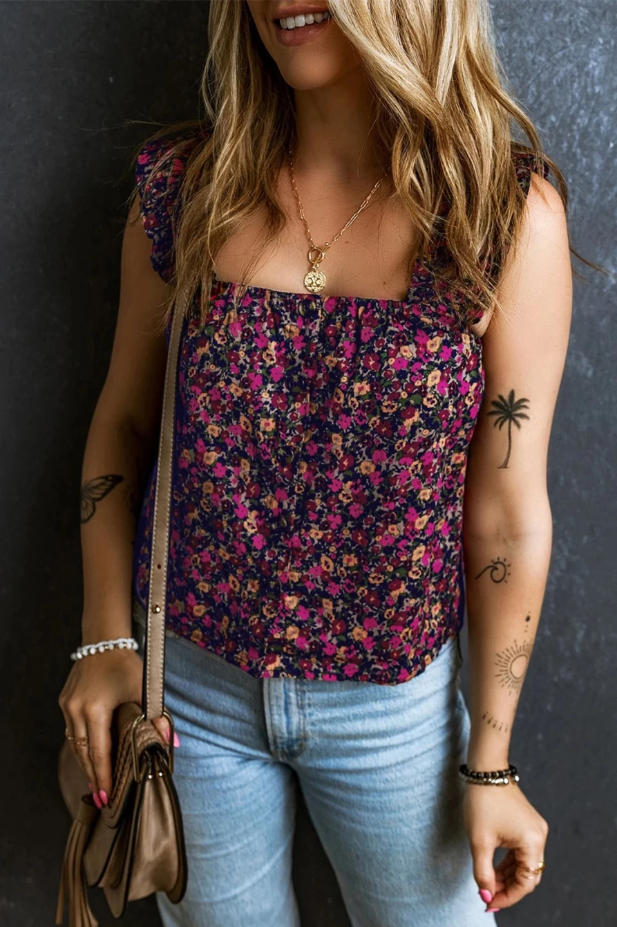 Shewin Women's Boho Floral Print Frill Straps Sleeveless Top in Rose