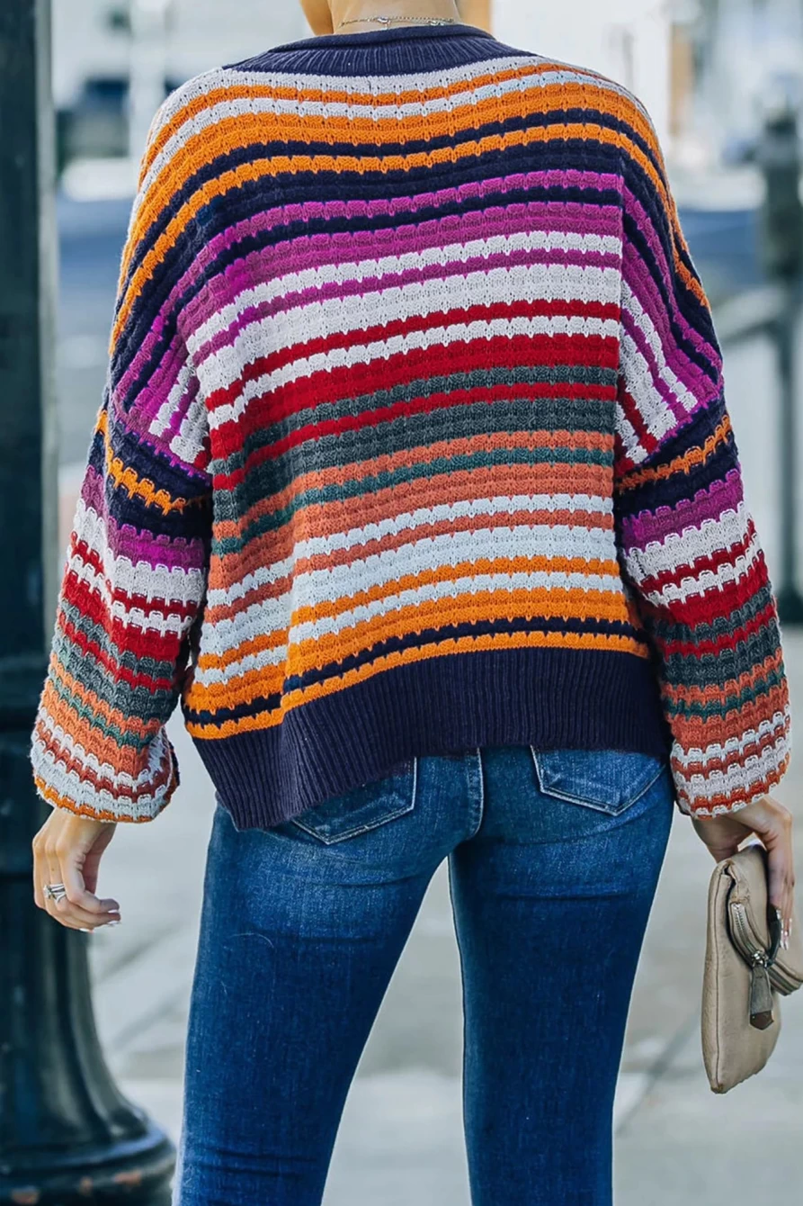 Shewin Women's Striped D Drop Sleeve Knitted Pullover Sweater