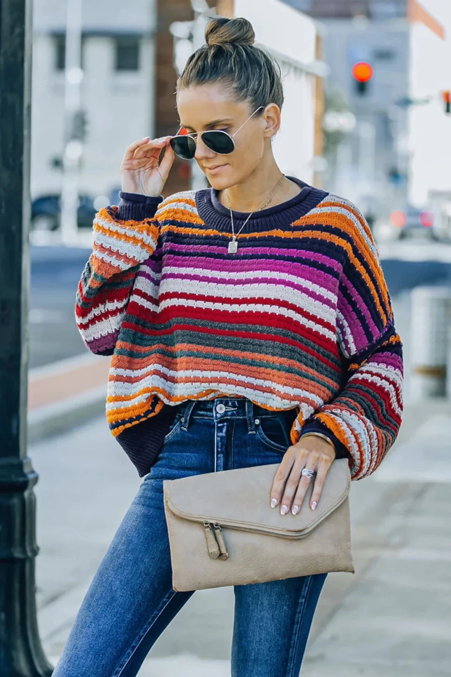 Shewin Women's Striped D Drop Sleeve Knitted Pullover Sweater