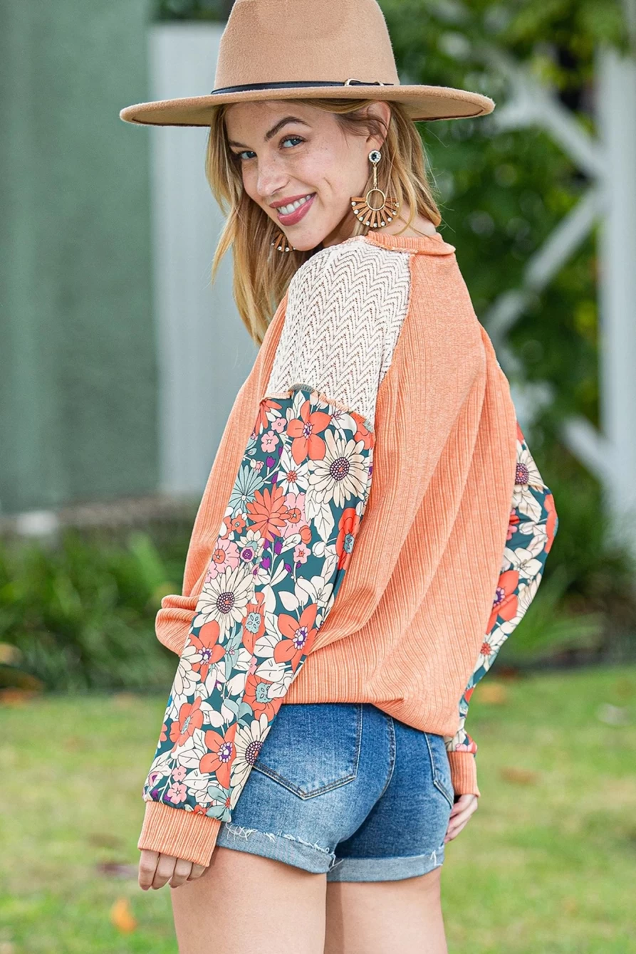 "Shewin Women's Grapefruit Orange Floral Patchwork Top with Puff Sleeves and Exposed Seam Details"