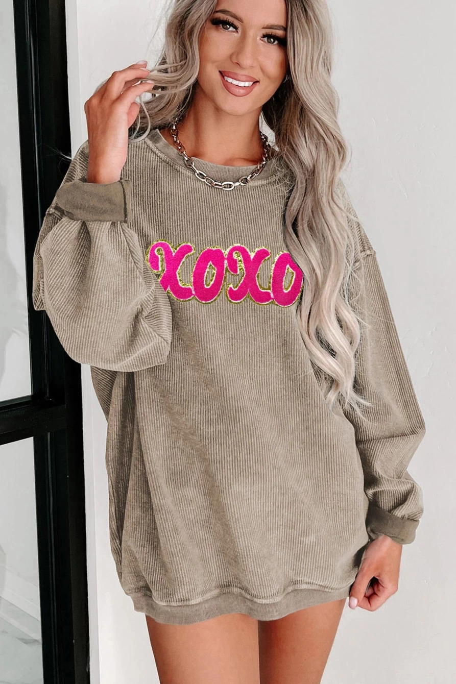 Shewin Women's Khaki Sweatshirt with Corded XOXO Chenille Glitter Patches Graphic