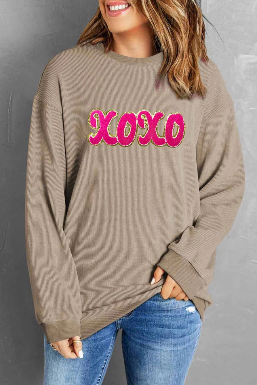 Shewin Women's Khaki Sweatshirt with Corded XOXO Chenille Glitter Patches Graphic