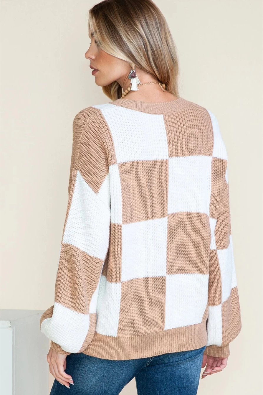 Shewin Women's Smoke Gray Checkered Ribbed Knit Sweater with Lantern Sleeves