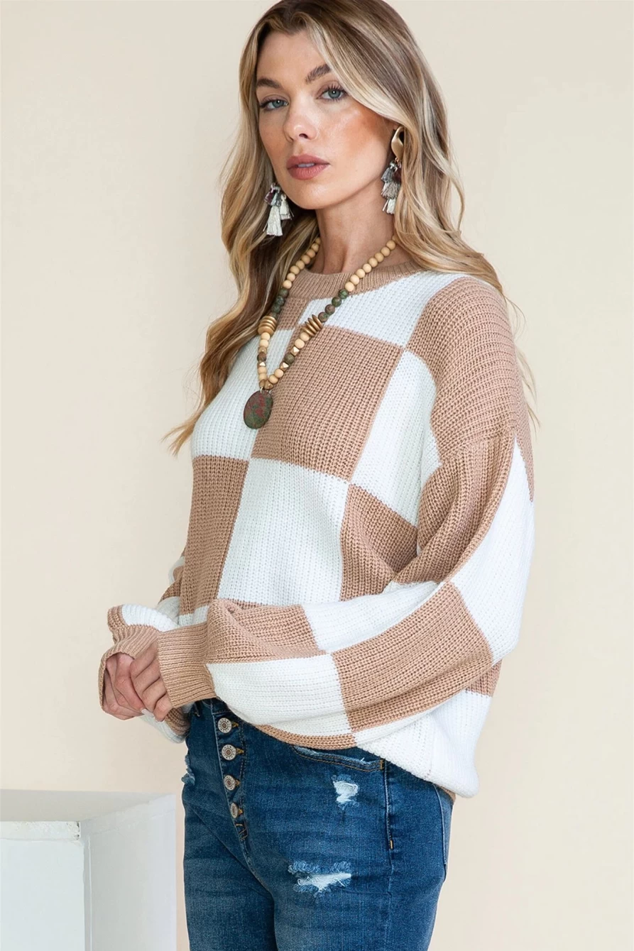 Shewin Women's Smoke Gray Checkered Ribbed Knit Sweater with Lantern Sleeves