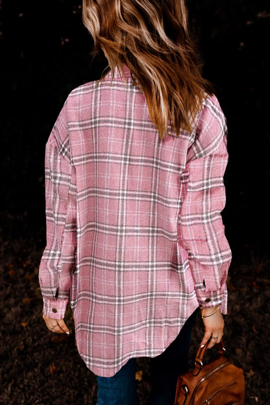 Women's Pink Plaid Shacket - Shewin Casual Button Up Shirt with Side Slits