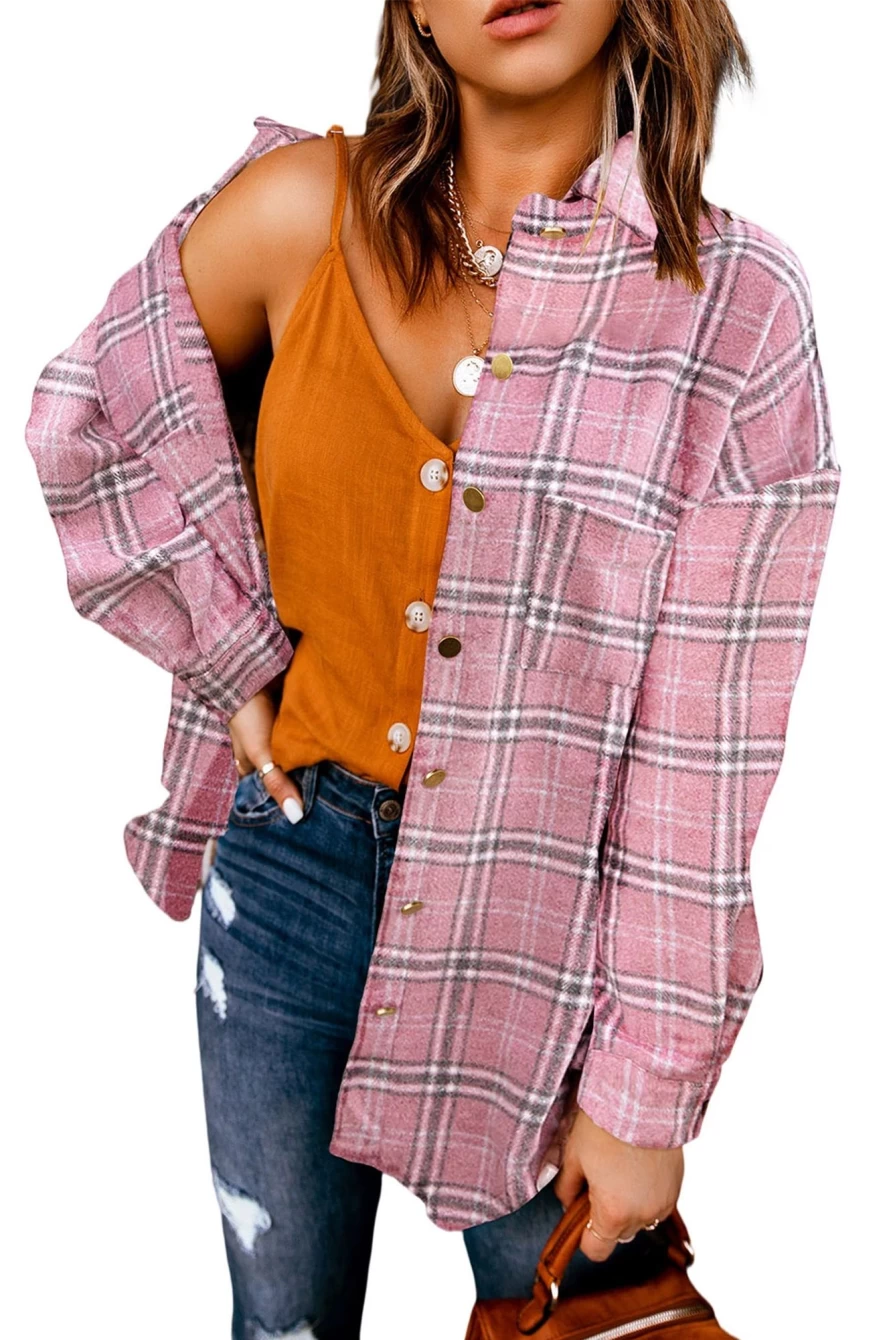 Women's Pink Plaid Shacket - Shewin Casual Button Up Shirt with Side Slits